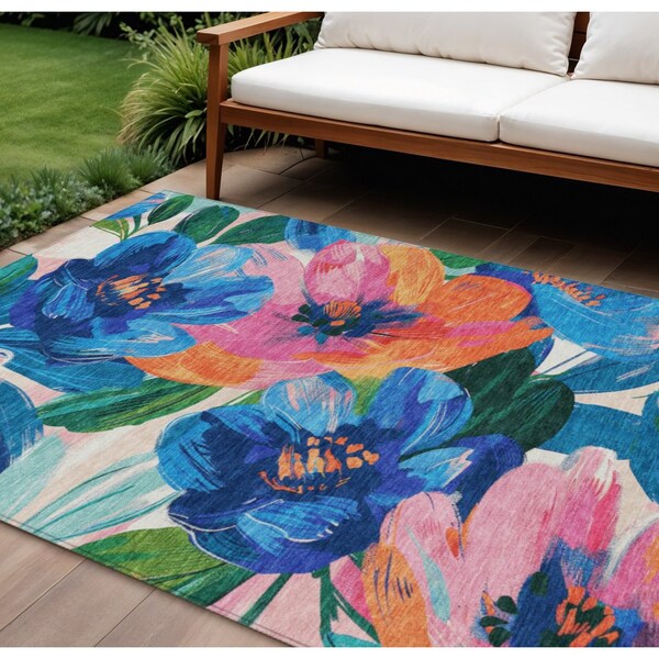 Homeroots 9' X 12' Navy Blue And Sky Blue Floral Washable Indoor Outdoor Area Rug 611075 - main