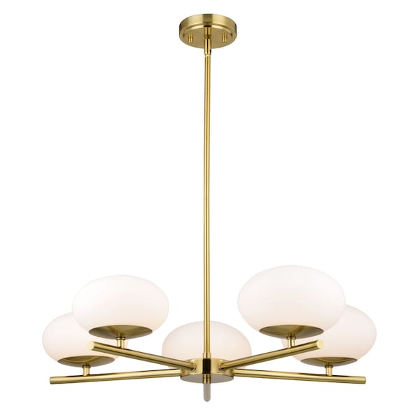 Vaxcel Sloane 5 Light LED Gold Satin Brass Mid-Century Modern Chandelier with White Glass Globes H0281 - main