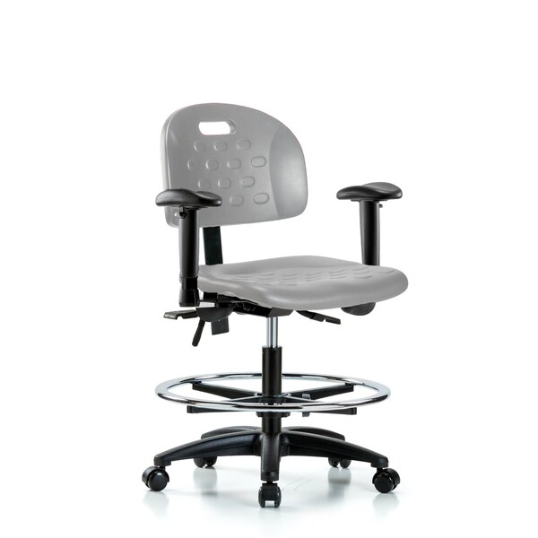 Blue Ridge Ergonomics Poly Chair - Medium Bench Height with Adjustable Arms, Chrome Foot Ring, & Casters in Gray Poly HPMBCH-RG-T0-A1-CF-RC-GRY - main