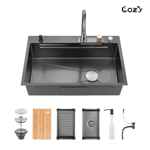 Wrightmaster 30"Drop-In Single Bowl Black Stainless Steel Kitchen Sink w/Drainage Control Knob and Cutting Board ZOR-BL05-302208 - main