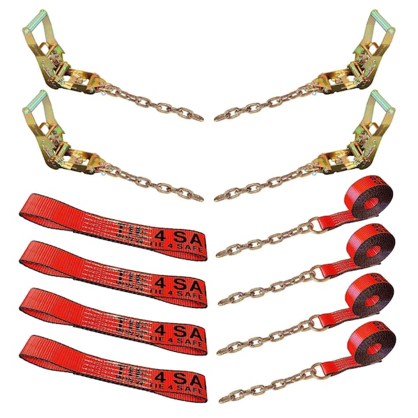Tie 4 Safe 8 Point Roll Back Tie Down Kit w/ Chain Ends for Car Hauler Carrier Tow Truck. Red RT04CK-715-516-8P-14-R - main