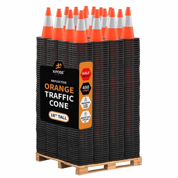 Xpose Safety Traffic Safety Cone, 18 in, PVC, 6 in Reflective Collar, DOT Approved, Orange, Half Pallet, PK450 OTC18-6-HP450-X - main