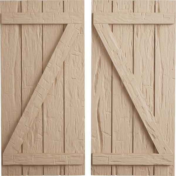 Ekena Millwork Rustic Four Board Joined Board-n-Batten Hand Hewn Faux Wood Shutters w/Z-Board, 22W x 76H, PR SHUBJZ22X76HHPR - main