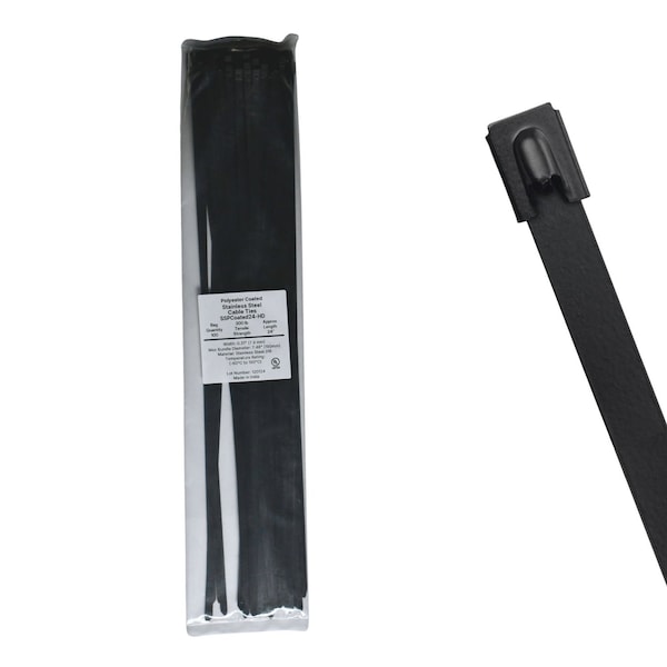 Cable Ties Unlimited Cable Tie, 24 in L, 300 lb Strength, 7.1 in Max Bundle Dia, Coated 316 Stainless Steel, Black, 100PK SSPCoated24-HD - main