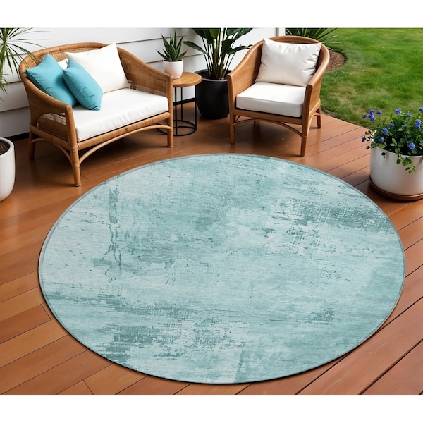 Homeroots 8' Blue And Ivory Round Abstract Washable Indoor Outdoor Area Rug 602745 - main