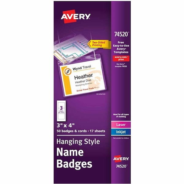 Avery Hanging Style Name Badges, 3" x 4", Clear, 50/Box 74520 - main