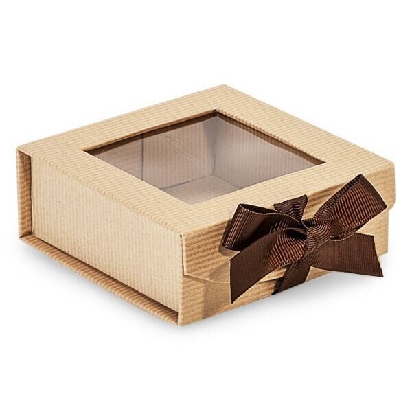 Nashville Wraps Kraft Pinstripe Folding Box with Window, Ribbon Closures, 4x4x1.5, 24PK FBB4KR - main