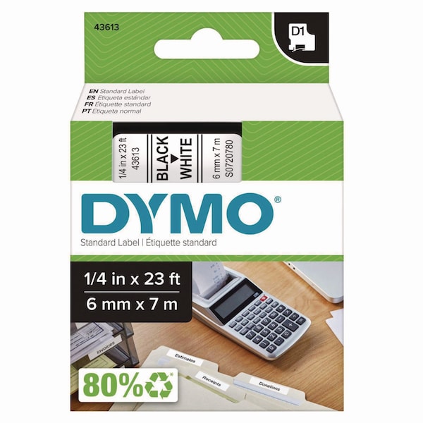Dymo D1 High-Performance Polyester Removable Label Tape, 0.25in x 23 ft, Black on White 43613/S0720780 - main