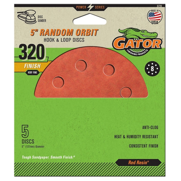 Gator Finishing Red Resin 5 in. Random Orbit Hook and Loop Sanding Discs, 320 Grit, Very Fine, 5PK 3720 - main