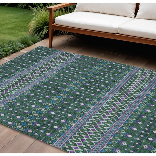 Homeroots 9' X 12' Green Blue And Purple Tribal Washable Indoor Outdoor Area Rug 582564 - main