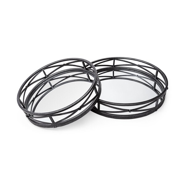 Homeroots Set of Two Black Round Metal And Mirrored Glass Vanity Trays 376025 - main