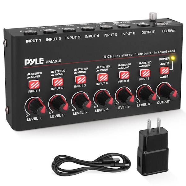 Pyle 6-Channel Bluetooth Mini Line Mixer with USB Audio Interface - 6 Mono/Stereo Switching Inputs PMAX6 - main