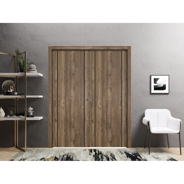 Sartodoors Modern Double Pocket Doors, Planum 0017 Walnut and Aluminum Strips, Kit Trims Rail Hardware, Solid PLANUM0017DP-WLN-7296 - main