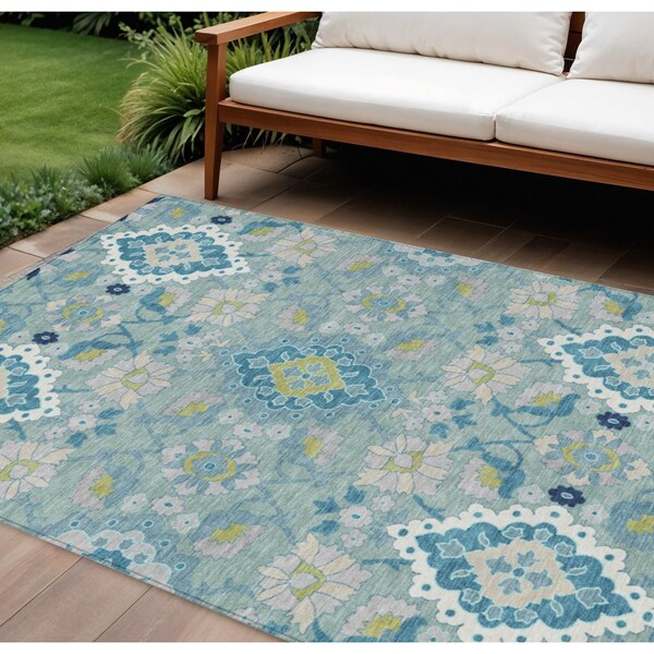 Homeroots 8' X 10' Teal Blue Green And Ivory Oriental Washable Indoor Outdoor Area Rug 597713 - main