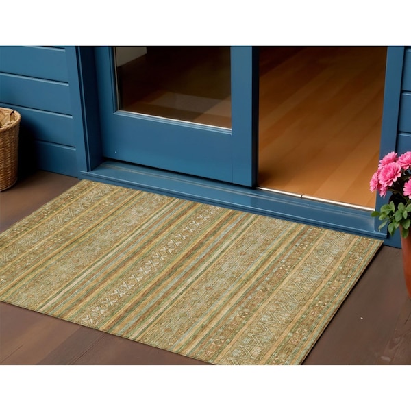 Homeroots 3' X 5' Artichoke Green Gold And Beige Southwestern Washable Indoor Outdoor Area Rug 615944 - main