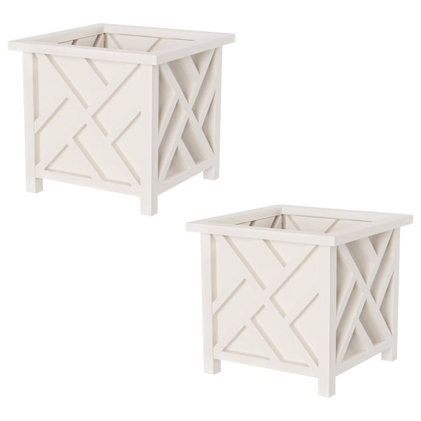 Pure Garden Lattice Design Outdoor Planter Box 14.75" Square 13" Tall White Decorative Plant Pots, 2PK 50-1162 - main