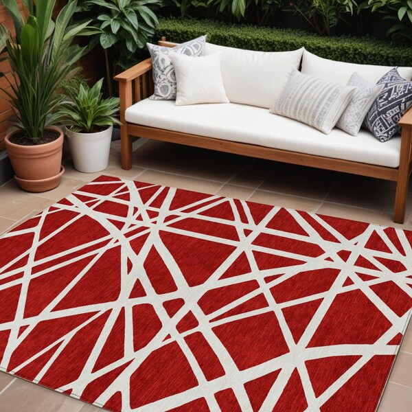 Homeroots 8' X 10' Red And Ivory Geometric Washable Indoor Outdoor Area Rug 600489 - main