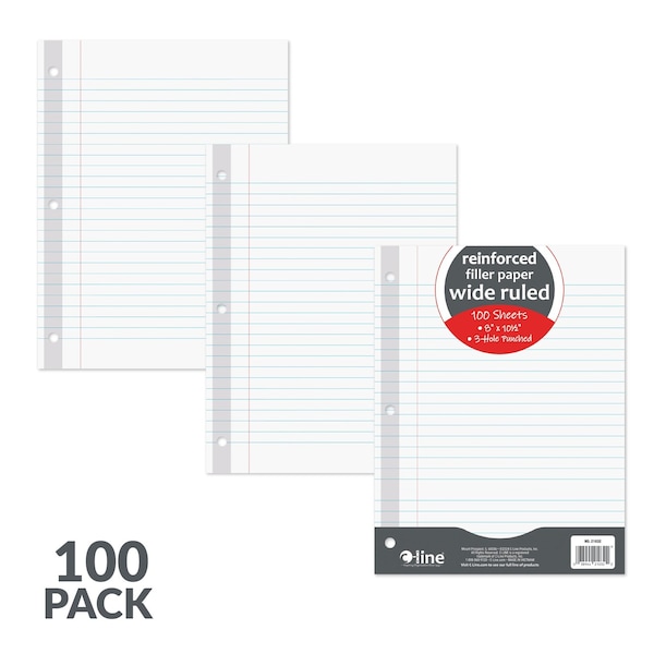 C-Line Products 8" x 10-1/2" White Wide Ruled Reinforced Notebook Filler Paper, 100/PK 21032 - main