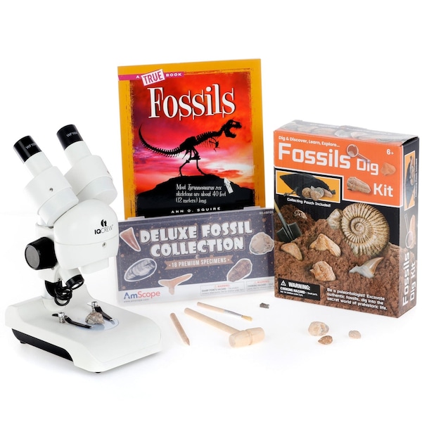 Amscope Kid's Fossil Adventurer Set featuring Deluxe All-In-One Stereo Microscope, Fossil Dig Kit, 18-Piece P KVB-FOS-122-ADV - main