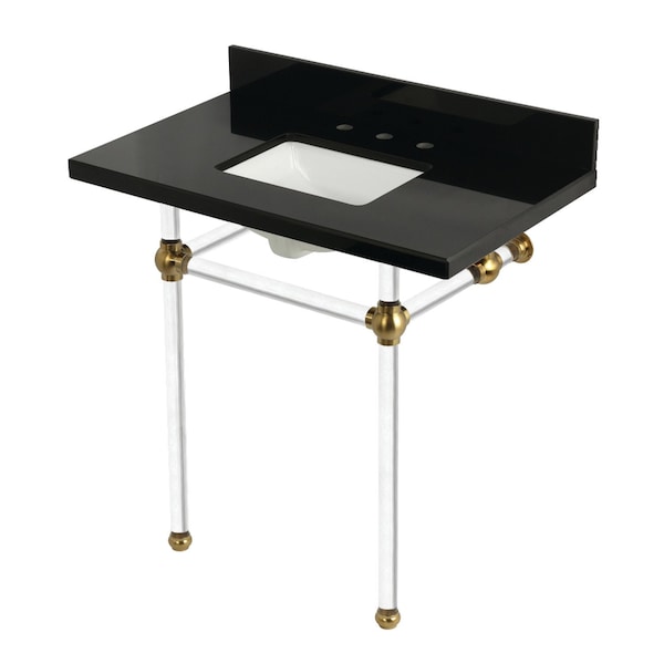 Kingston Brass 36" Black Granite Console Sink with Acrylic Legs, 8-Inch, 3-Hole, Black Granite/Brushed Brass KVPK36KASQ7 - main
