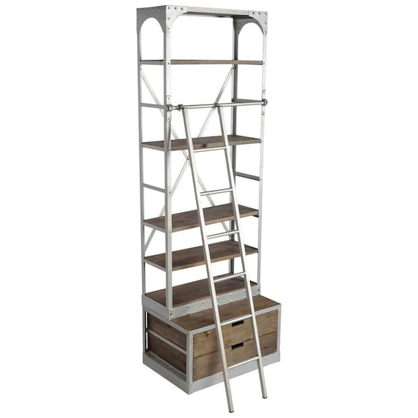 Homeroots 32" Light Brown And Nickel Metal and Solid Wood Five Tier Library Bookcase with Two Drawers 611040 - main