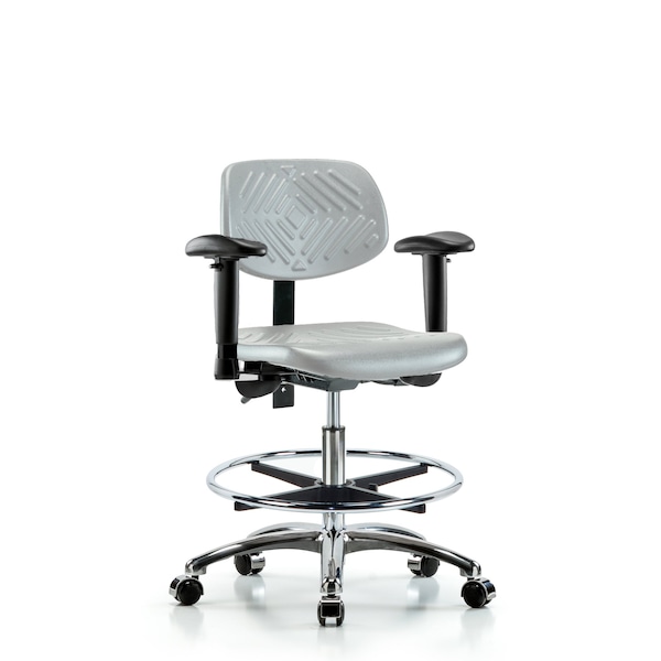 Blue Ridge Ergonomics Poly Chair Chr-Medium Bench Ht with Seat Tilt, Adjustable Arms, Chr Foot Ring, &Casters in Gray Poly PMBCH-CR-T1-A1-CF-CC-GRY - main
