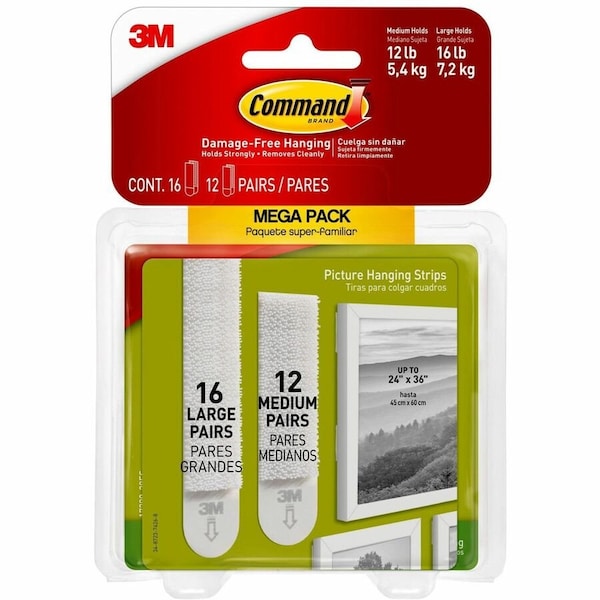 Command Medium and Large Picture Hanging Strip, 12, 16 lb, Plastic, White 17209-28ES - main