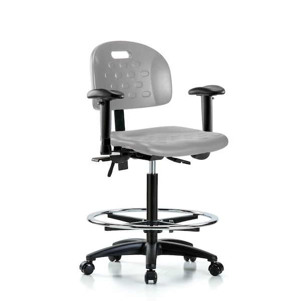 Blue Ridge Ergonomics Poly Chair-High Bench Height with Seat Tilt, Adjustable Arms, Chrome Foot Ring, &Casters in Gray Poly HPHBCH-RG-T1-A1-CF-RC-GRY - main