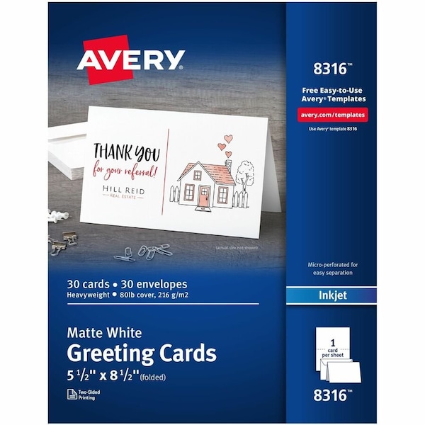 Avery Half-Fold Greeting Card with Envelope, 8-1/2" x 5-1/2", Matte, White, 30 Sheets/Pack 8316 - main