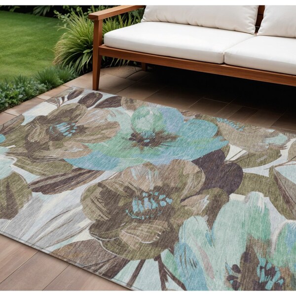 Homeroots 10' X 14' Khaki And Taupe Floral Washable Indoor Outdoor Area Rug 611009 - main