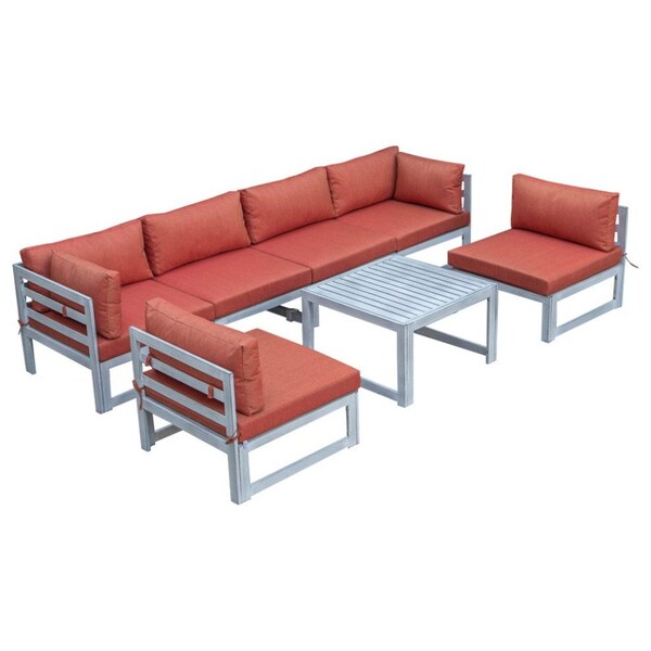 Leisuremod Chelsea 7-Piece Patio Sectional And Coffee Table Set Weathered Grey Aluminum With Orange Cushions CSTWGR-7OR - main