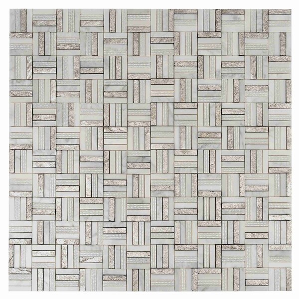 Apollo Tile Artisana 12x12 in. Silver White Polished, Textured, Foiled Stone Block Basketweave Mosaic Tile, 5PK APLBST8802A - main