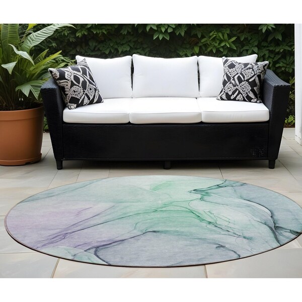 Homeroots 8' Round Blue and Gray Round Abstract Washable Non Skid Indoor Outdoor Area Rug 559357 - main