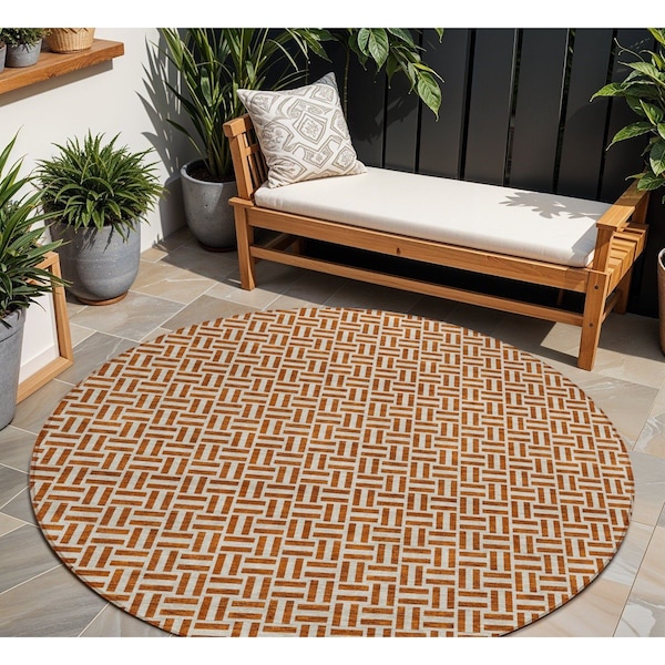 Homeroots 8' Copper And Beige Round Geometric Washable Indoor Outdoor Area Rug 594499 - main