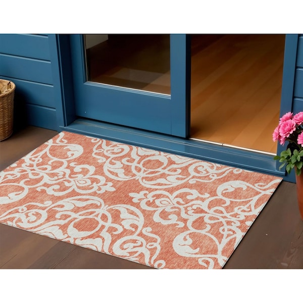 Homeroots 3' X 5' Coral And Ivory Damask Washable Indoor Outdoor Area Rug 614419 - main