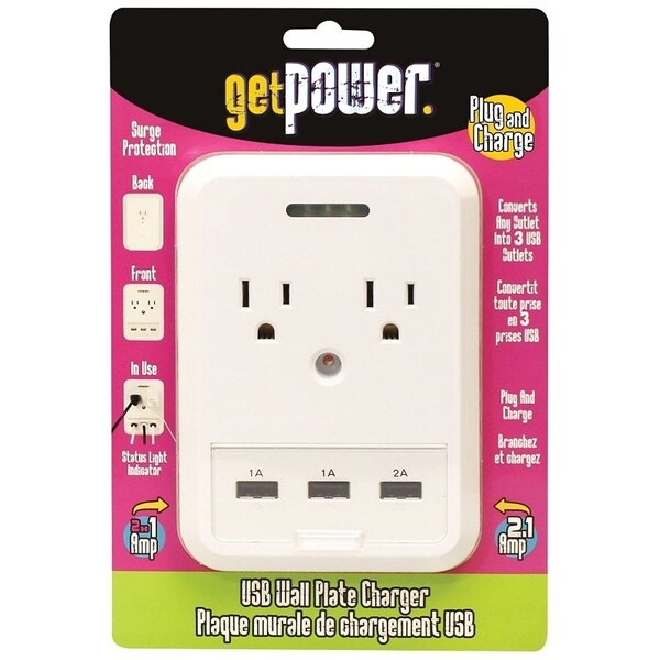Getpower USB Wallplate Charger, 41 A, 5 Outlet, White GP-3USB-AC-AC - main
