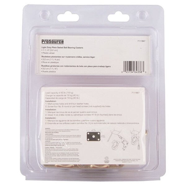 Prosource Swivel Caster, 1-1/4 in Dia Wheel, 16 mm W Wheel, Plastic Wheel, White, 40 lb JC-B04-PS - main