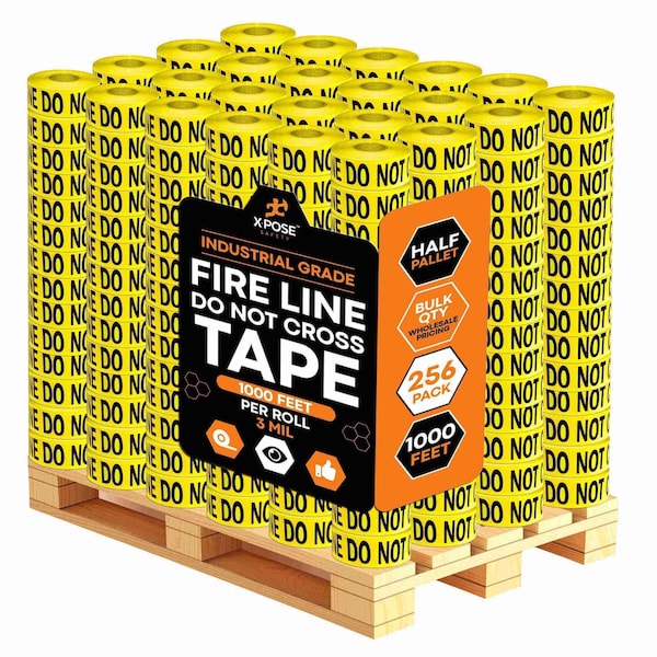 Xpose Safety Fire Line Do Not Cross Tape Roll, 3 Mil, 3 Inch Wide x 1000 Feet, Yellow w/Black Letters, 256PK PFLT-3M-HP256-X - main