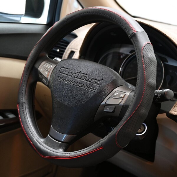 Dash Designs Comfort Grips Contourz Pro Grip Leather 14.5in - 15.5in Steering Wheel Cover - Black / Red 3402BK - main