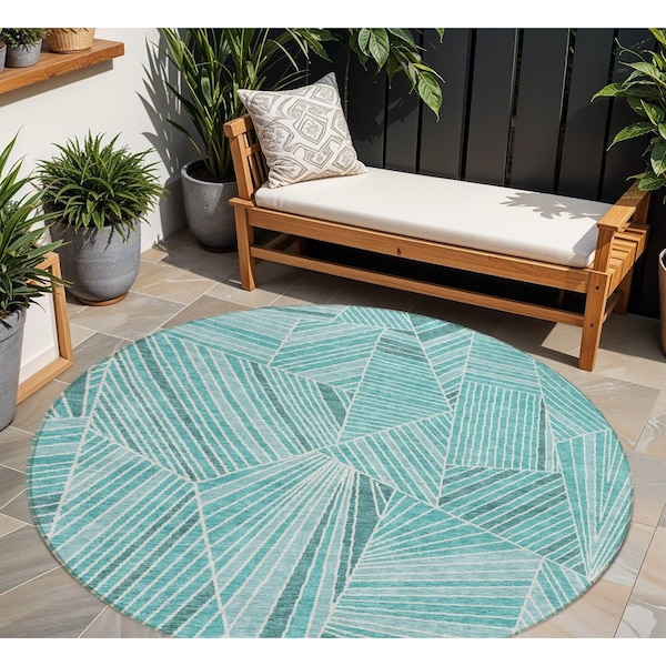 Homeroots 8' Teal Blue And Ivory Round Geometric Washable Indoor Outdoor Area Rug 594811 - main