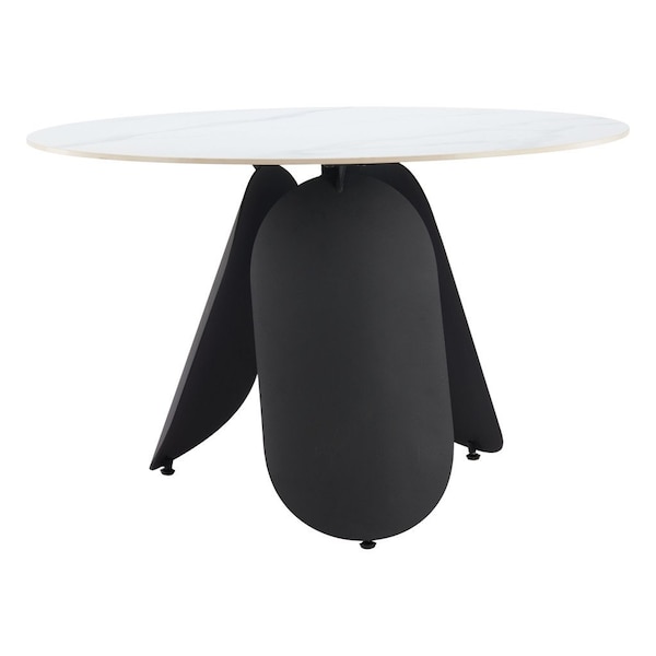 Homeroots 48" White and Black Faux Marble and Steel Pedestal Base Round Top Dining Table 564987 - main