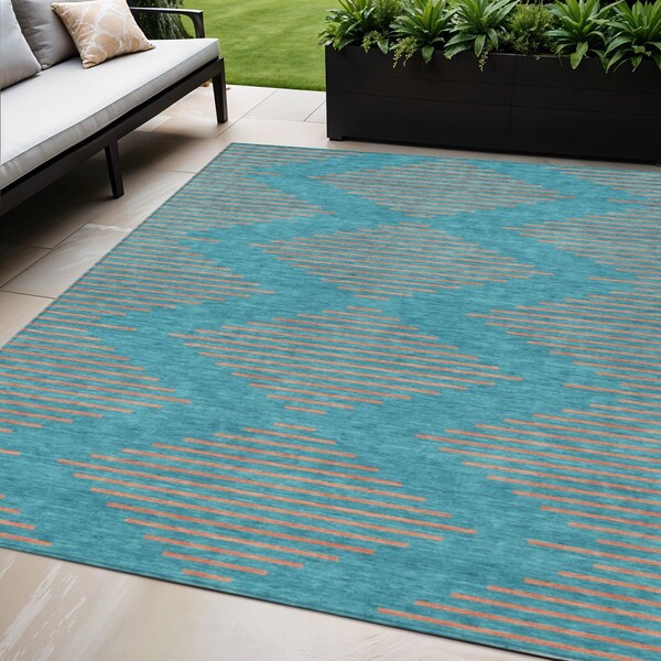 Homeroots 5' X 8' Teal Blue And Pink Geometric Washable Indoor Outdoor Area Rug 598789 - main