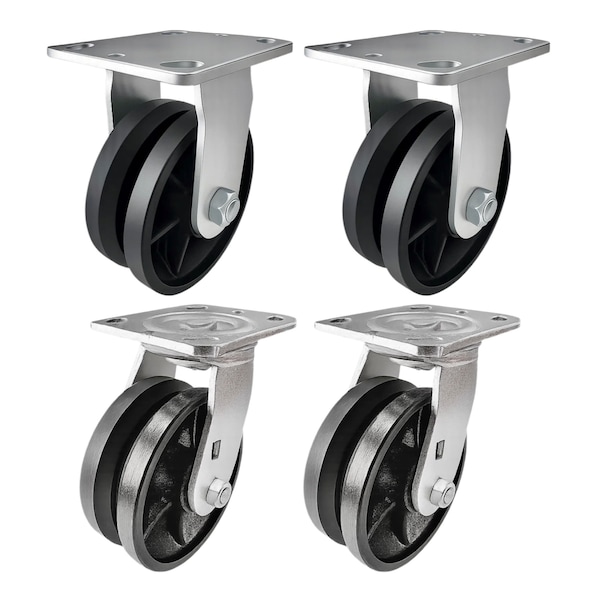 Hyw Products Heavy Duty Caster Set 5in V-Groove Wheels, 2 Rigid & 2 Swivel, 4PK 40-50R-A1-VG-2,40-50S-A1-VG-2 - main