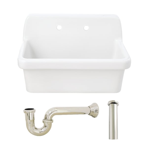 Kingston Brass 30" Ceramic Single Bowl Wall Mount Kitchen Sink with Strainer, White/Polished Nickel KGPKWS3019186 - main
