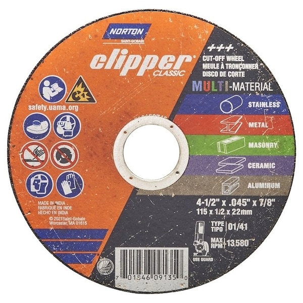 Norton Clipper Abrasive Cut-Off Wheel, 4.5 in Dia, .045 in Thick, 7/8 in Arbor Hole Size, Aluminum Oxide 70184609135 - main