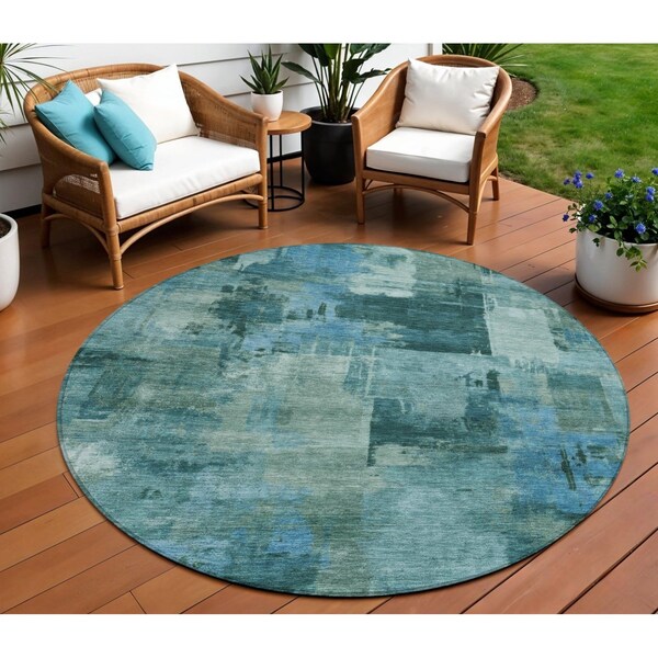 Homeroots 8' Teal Blue And Pale Aqua Round Abstract Washable Indoor Outdoor Area Rug 630791 - main