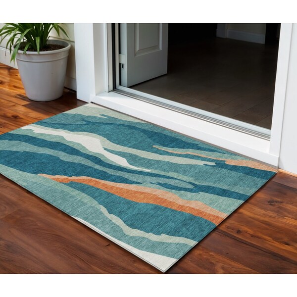 Homeroots 3' X 5' Teal Blue Copper And Ivory Abstract Washable Indoor Outdoor Area Rug 601008 - main