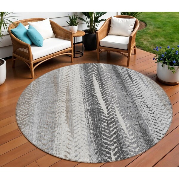 Homeroots 8' Khaki Ivory And Gray Round Botanical Leaves Washable Indoor Outdoor Area Rug 581944 - main