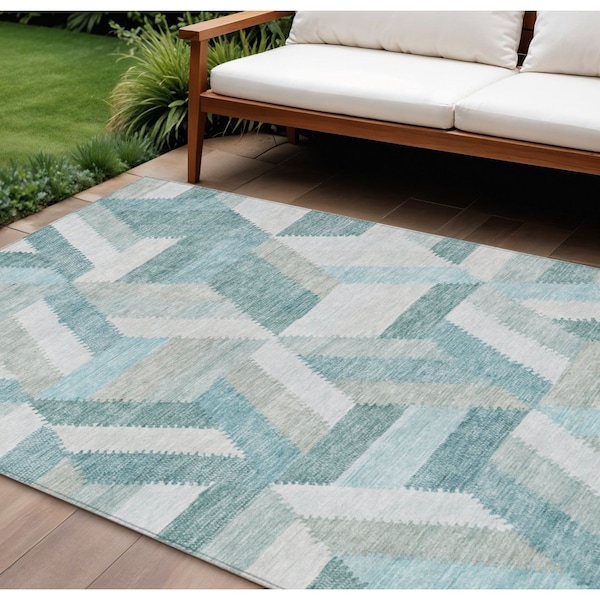 Homeroots 8' X 10' Teal Blue Geometric Washable Indoor Outdoor Area Rug 608073 - main