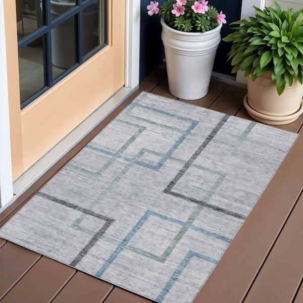 Homeroots 3' X 5' Gray Charcoal And Blue Geometric Washable Indoor Outdoor Area Rug 588338 - main